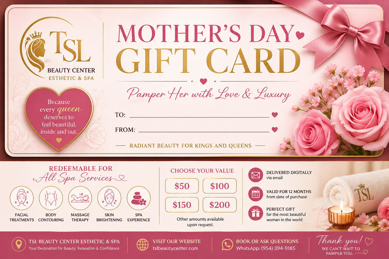 Mother’s Day Gift Card  TSL Beauty Center Esthetic&Spa