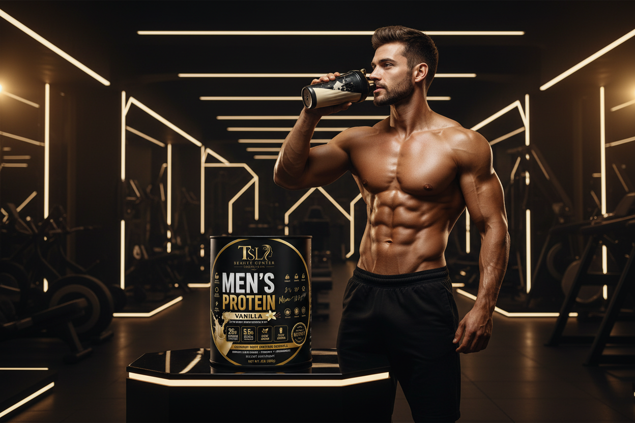 Men's protein supplement label with a muscular man, vanilla flavor, and TSL Beauty Center branding.