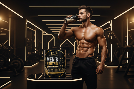 Men's protein supplement label with a muscular man, vanilla flavor, and TSL Beauty Center branding.