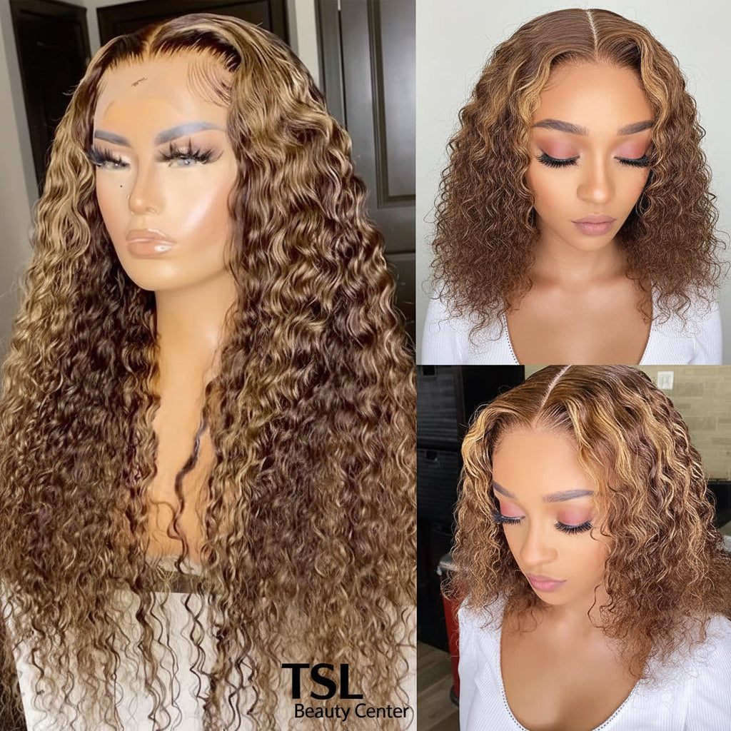 13x4 Lace Front YTBer  Honey Blonde Deep wave Curly Wig F4/27 Ombre Highlight